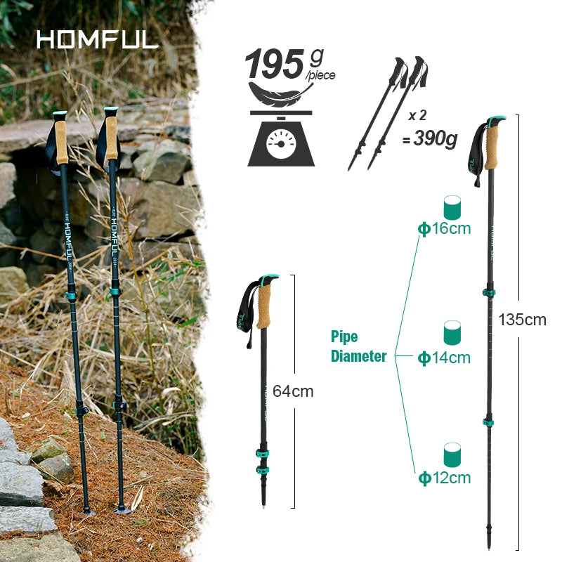 Homful Nordic 195g/pc Trekking poles Alpenstock Telescopic ultralight  Premium Carbon Adjustable with Quick Lock