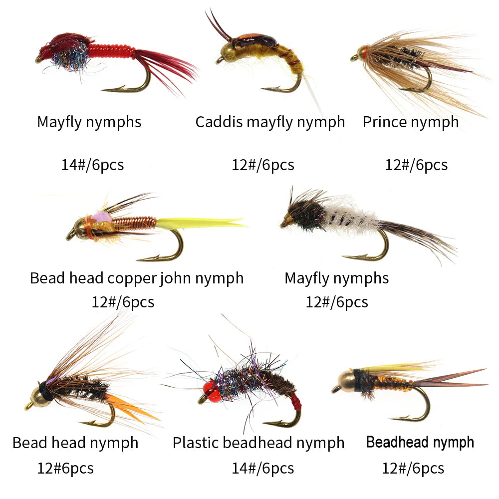 Vampfly 48pcs Fly Set Box Bead Head Copper John Nymph Caddis May Fly Nymphs Dry Flies With Fly Box For Trout Fishing Lure Bait