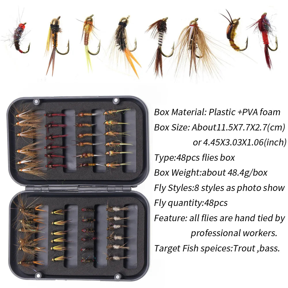 Vampfly 48pcs Fly Set Box Bead Head Copper John Nymph Caddis May Fly Nymphs Dry Flies With Fly Box For Trout Fishing Lure Bait